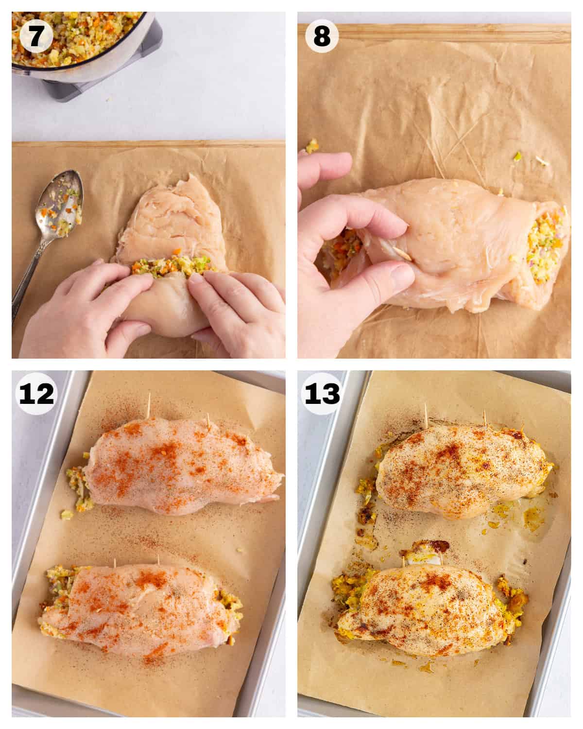 Steps to make Stuffing Stuffed Chicken Breasts including filling the chicken and rolling it to bake.