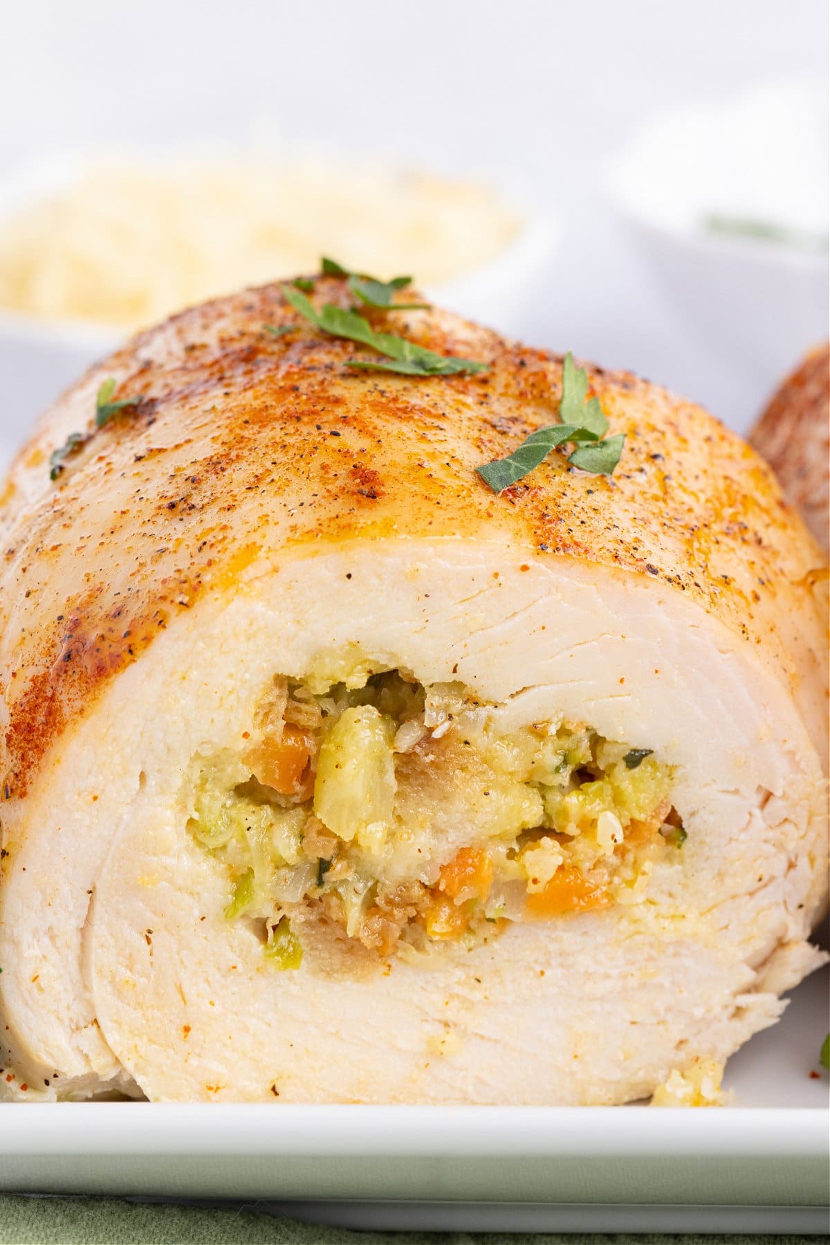 a sliced view of stuffed chicken breast stuffed with stuffing.