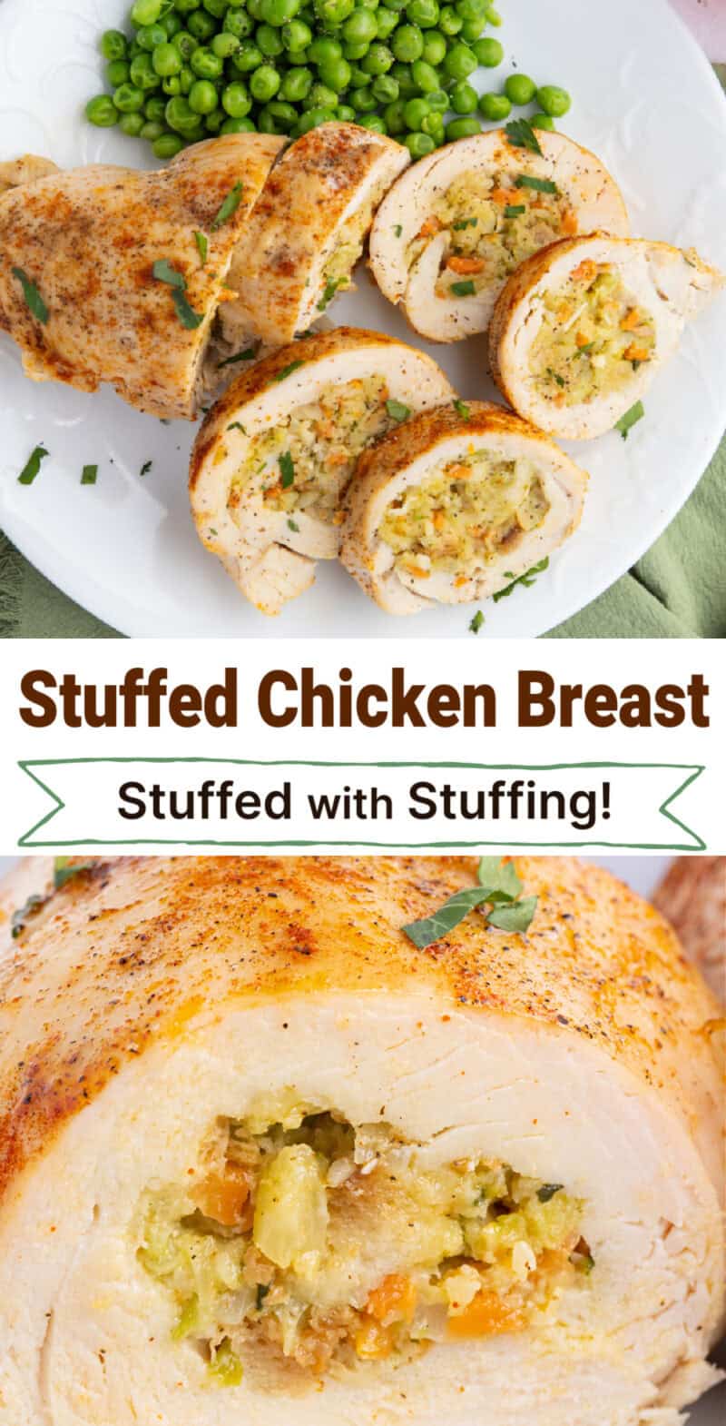 Stuffed chicken breast stuffed with stuffing and served with peas.
