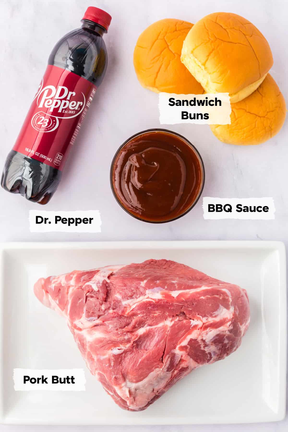 ingredients on a table to make slow cooker dr. pepper pulled pork.
