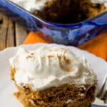 Pumpkin Spice Poke Cake spice on a white plate.