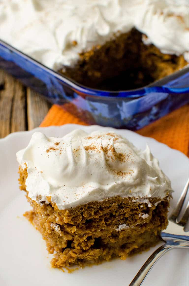 Pumpkin Spice Poke Cake spice on a white plate.