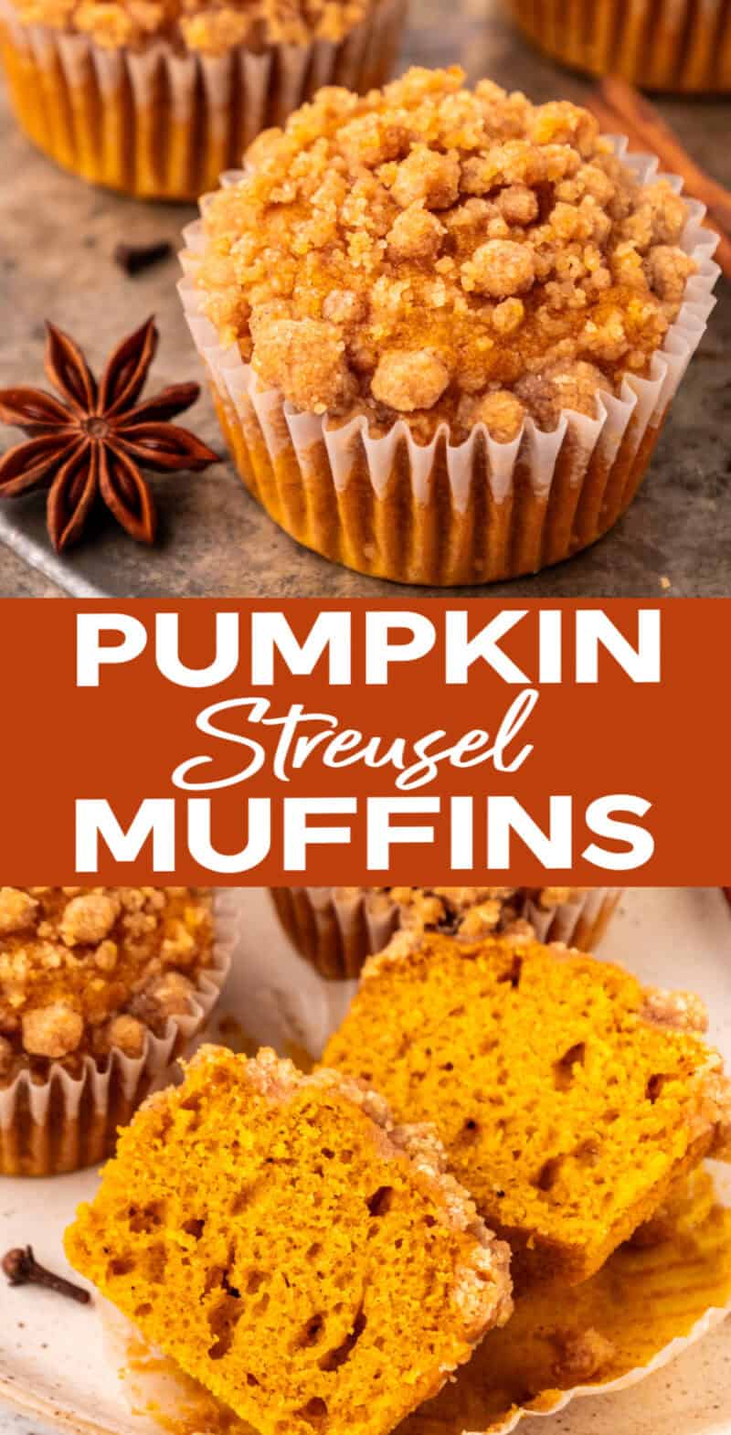 Pumpkin Streusel Muffins on a plate with one cut open.