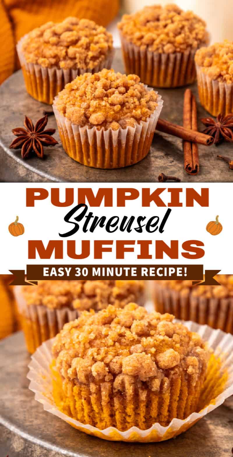 Pumpkin Streusel Muffins in a muffin tin on a table.