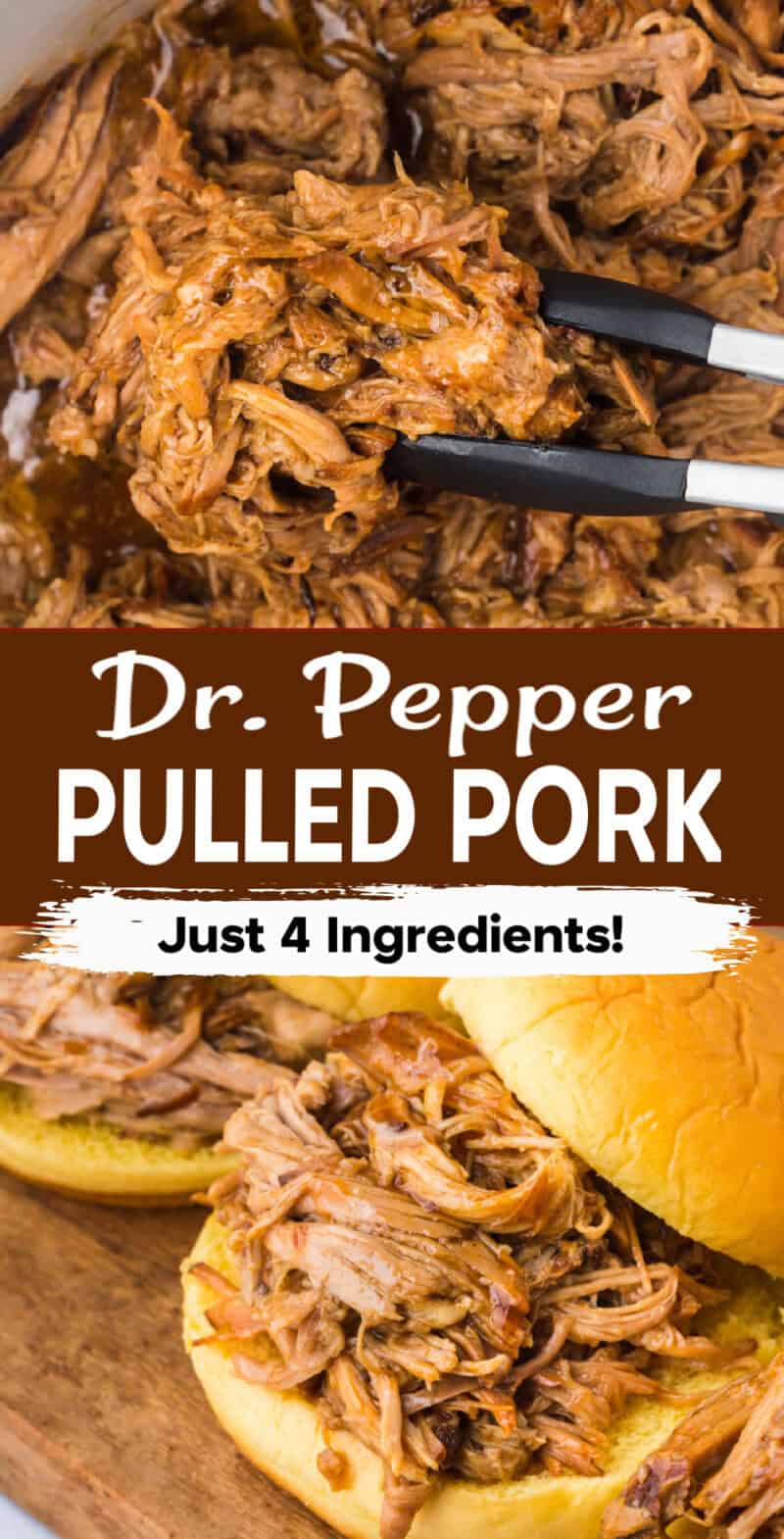 Slow cooker pulled pork in a crockpot with tongs, and some on a sandwich bun.