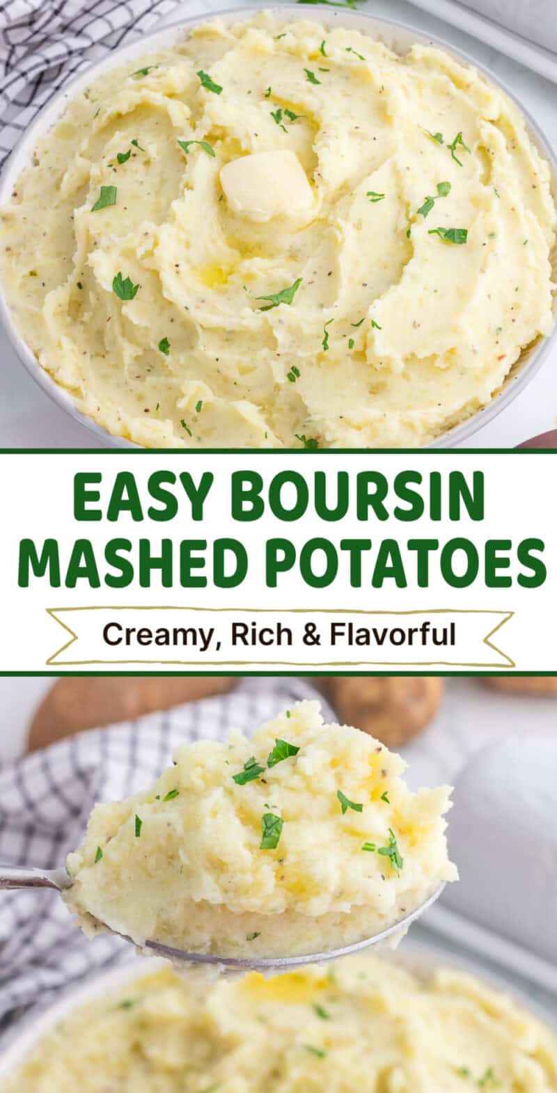 Boursin mashed potatoes with butter and chopped parsley on top in a bowl.