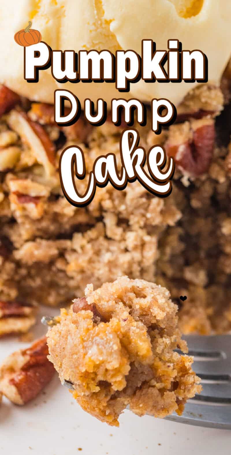 Homemade pumpkin dump cake on a fork.