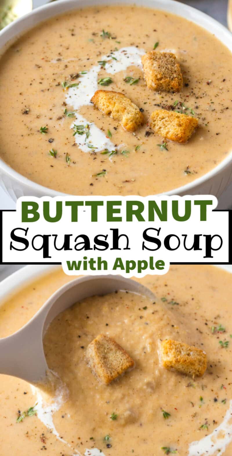 Apple Butternut Squash Soup in a white bowl with bread croutons, fresh herbs, and black pepper.