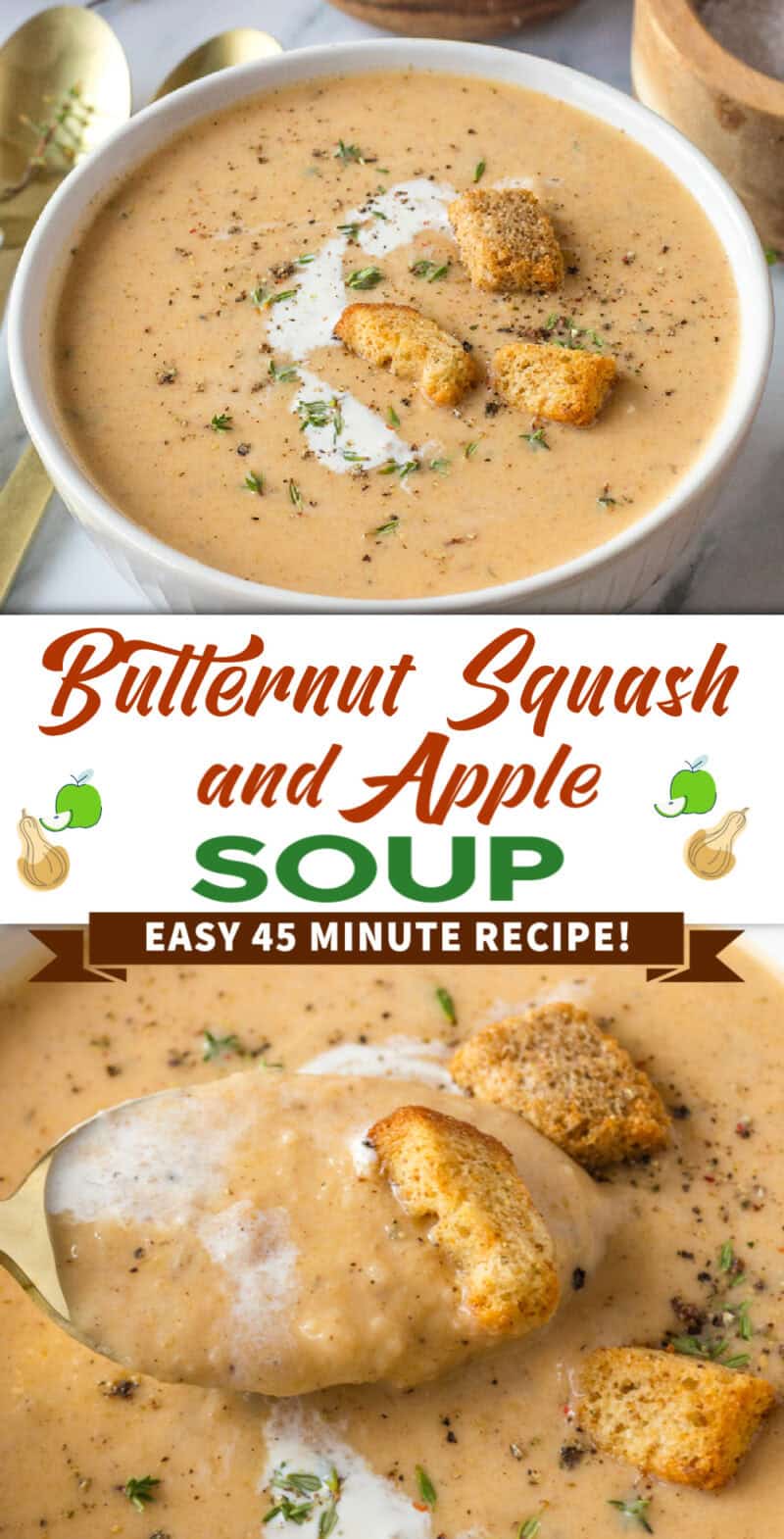 Homemade Apple Butternut Squash Soup in a white bowl with bread croutons, fresh herbs, and black pepper.