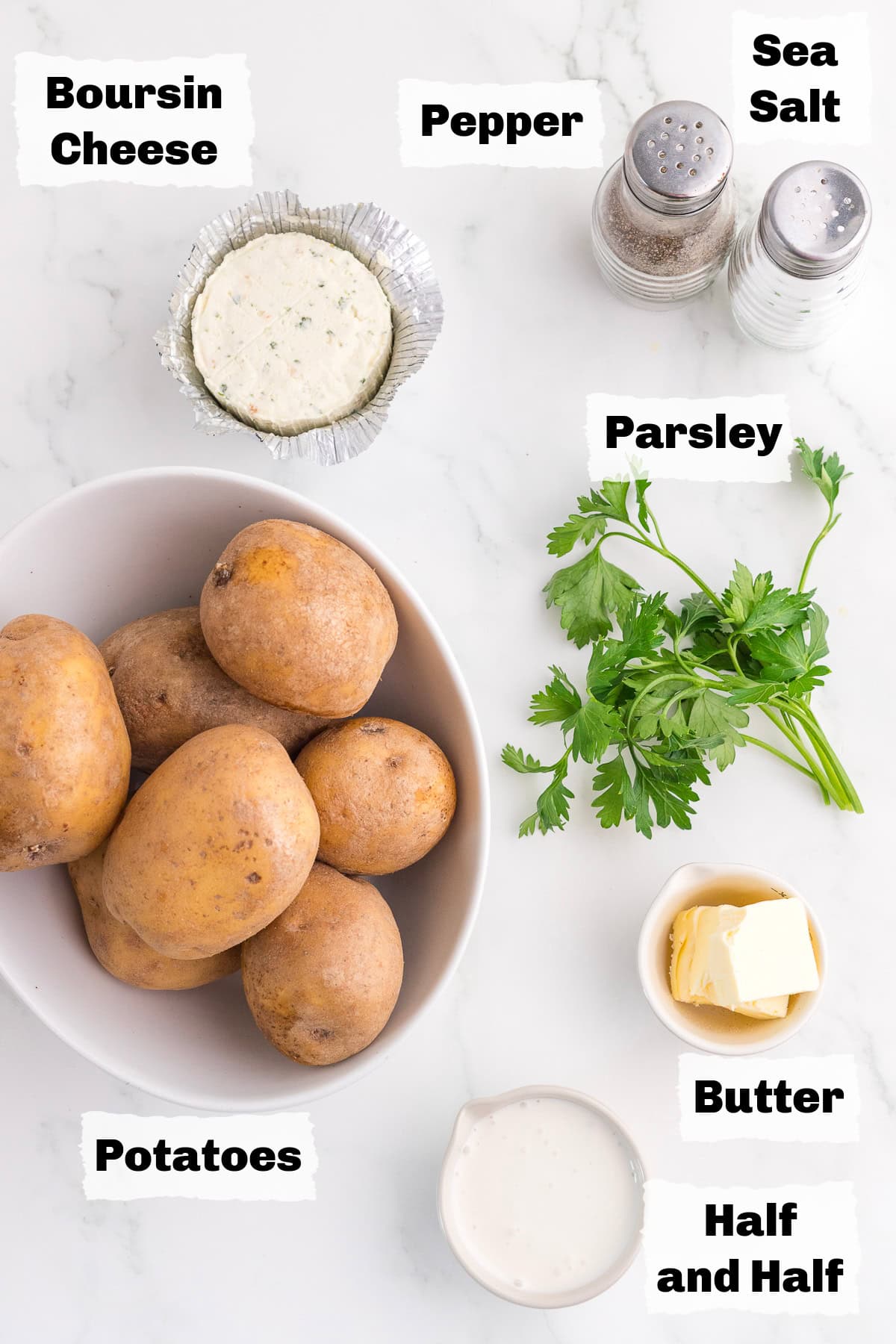 ingredients on a table to make Boursin mashed potatoes.