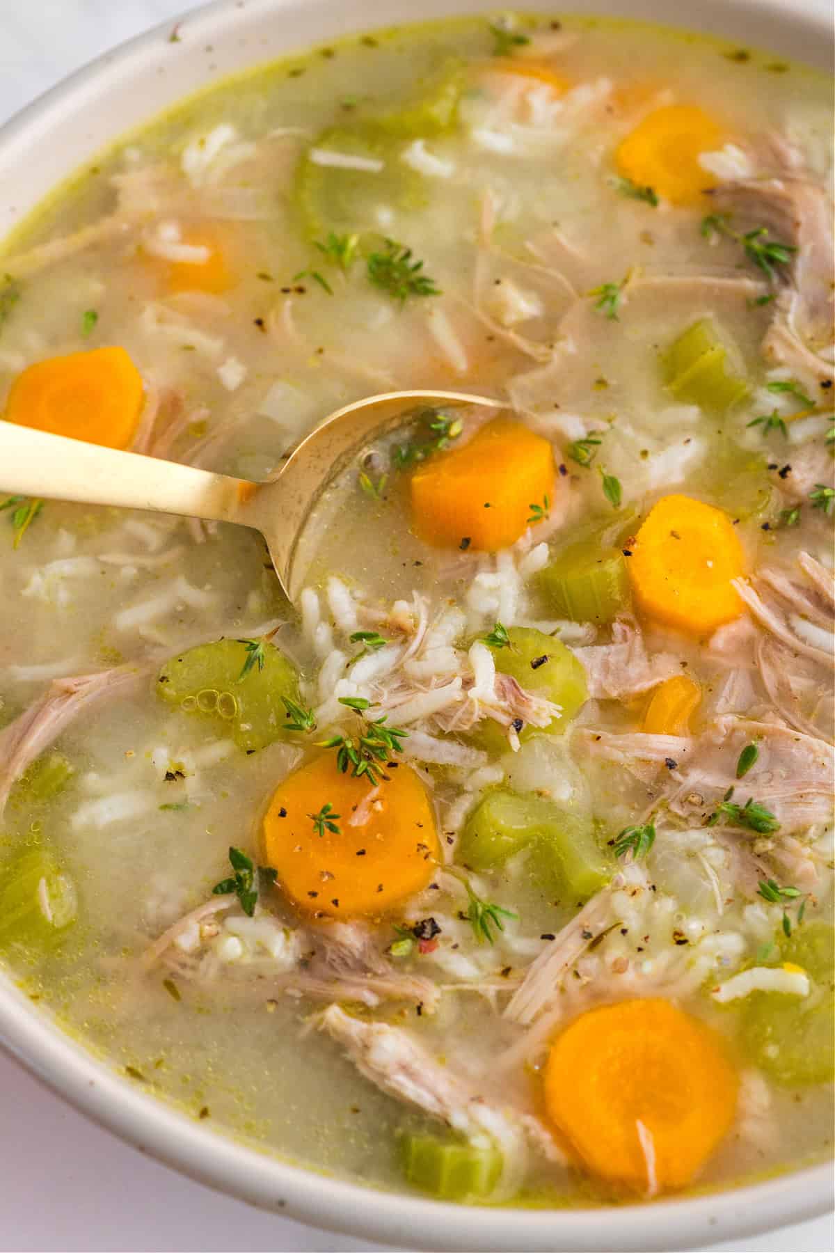 Turkey and Rice Soup in a white bowl with a spoon.