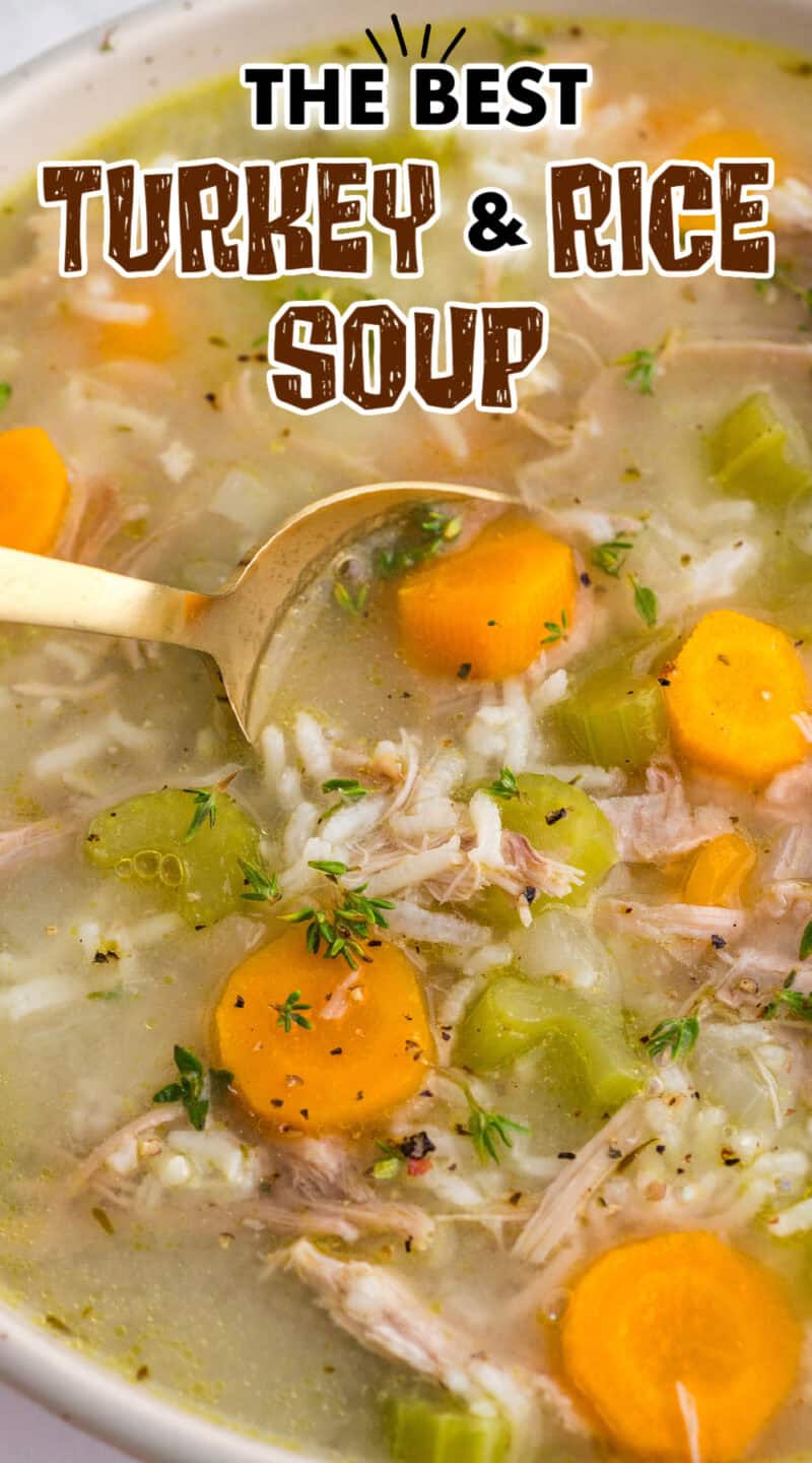 Turkey and Rice Soup in a bowl with a spoon.