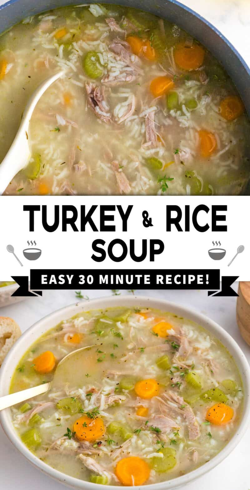 Turkey and Rice Soup in a pot and in a bowl with a spoon.