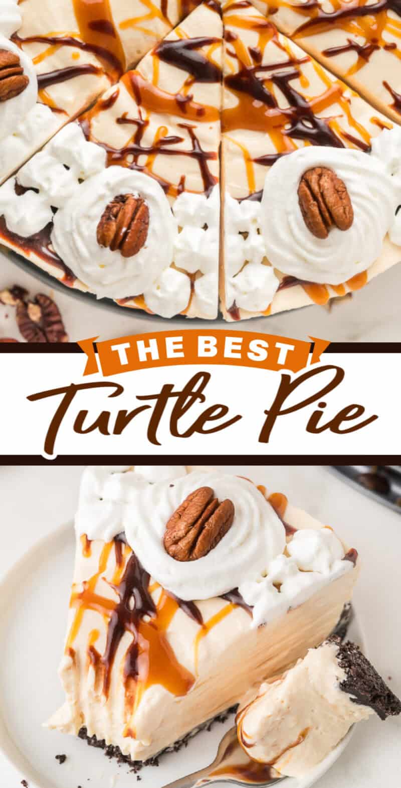 a slice of turtle pie on a white plate beside the whole pie on a table.