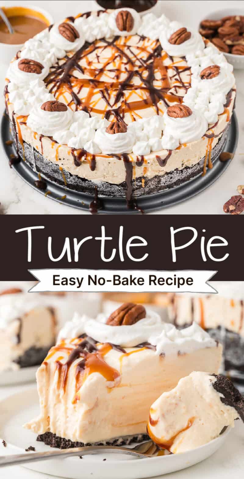 a slice of turtle pie on a white plate beside the whole pie on a table.