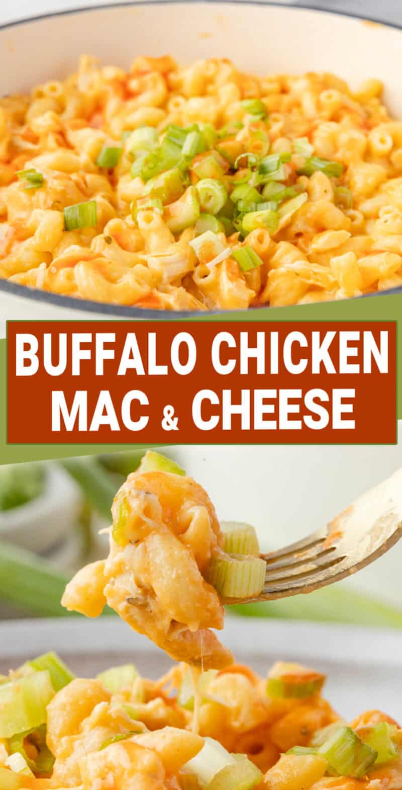 buffalo chicken mac and cheese in a pot with chopped green onions on top, with some being picked up by a fork.