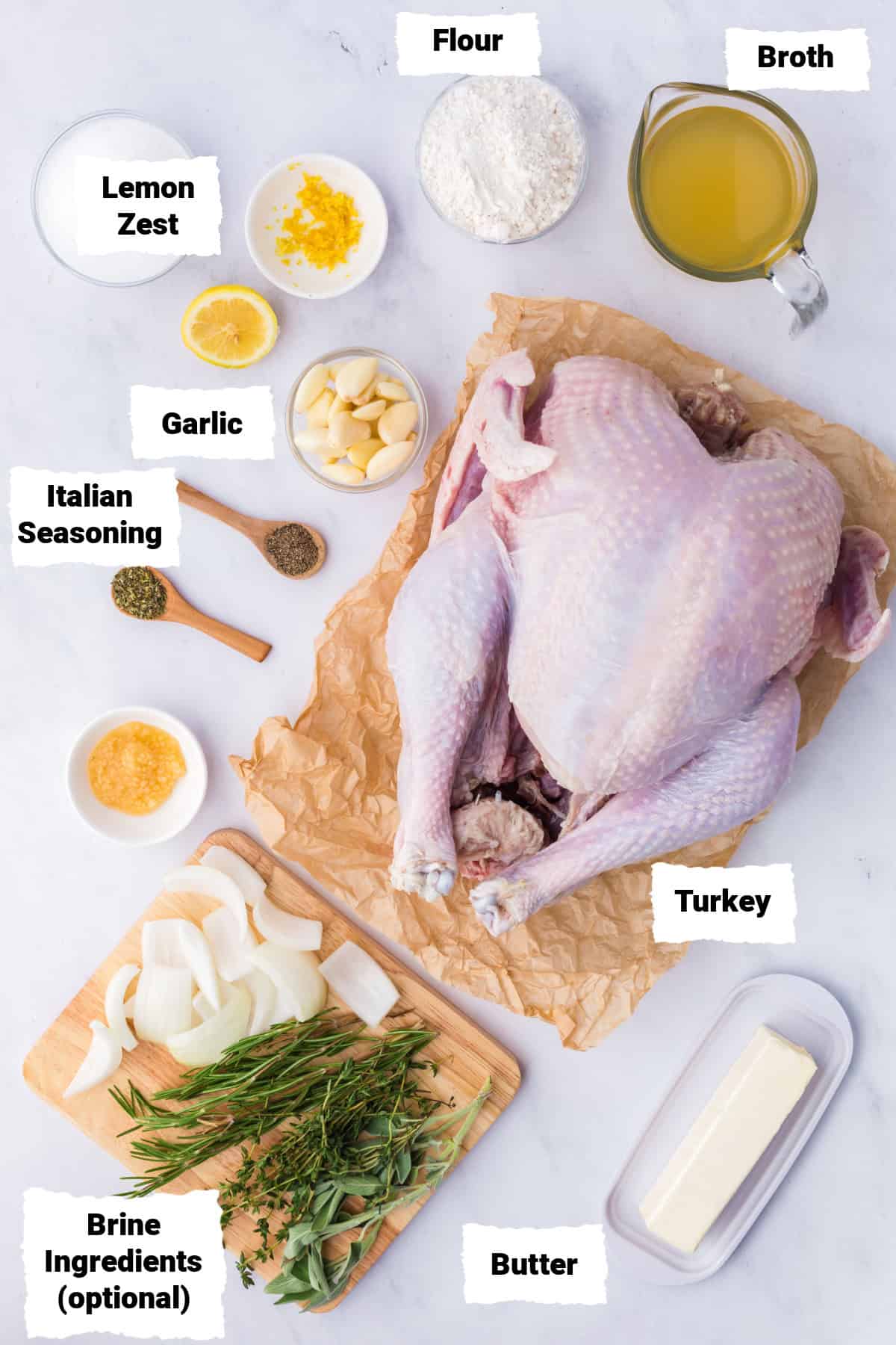 ingredients to make spatchcocked turkey on a table.