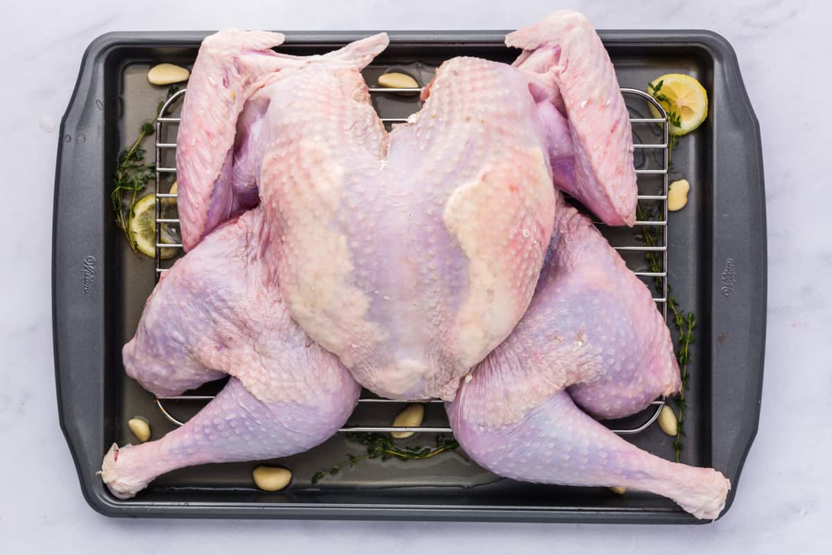 a whole uncooked spatchcock turkey on a wire rack on a baking sheet.
