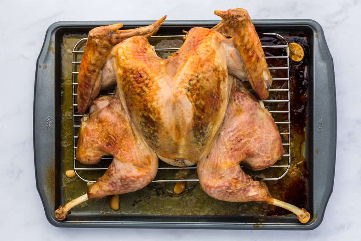 a whole roasted spatchcock turkey on a wire rack over a baking sheet.