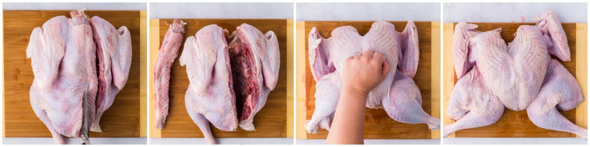 how to spatchcock a turkey including cutting backbone and flattening with fist.