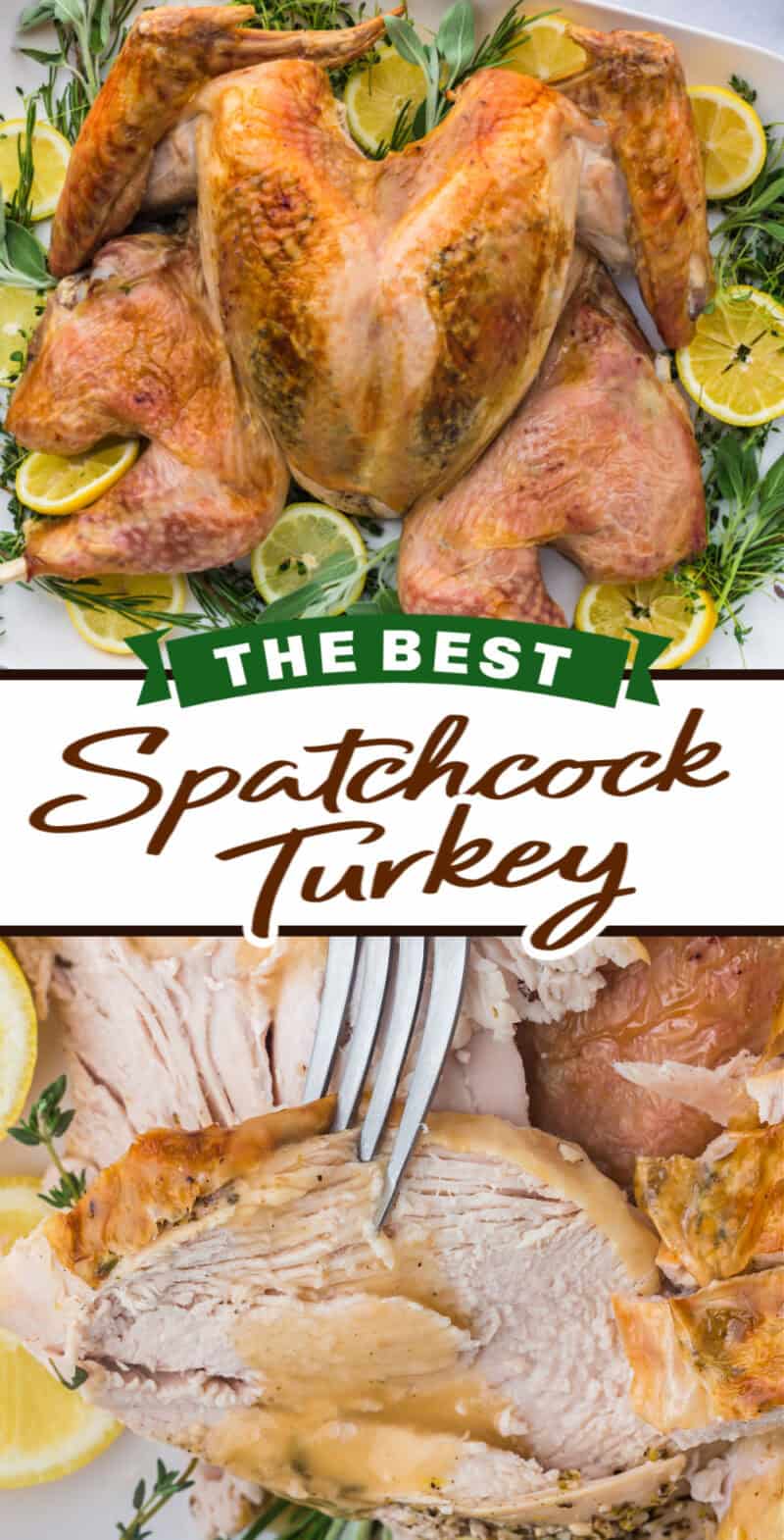 a whole roasted spatchcock turkey and some on a plate with a fork.