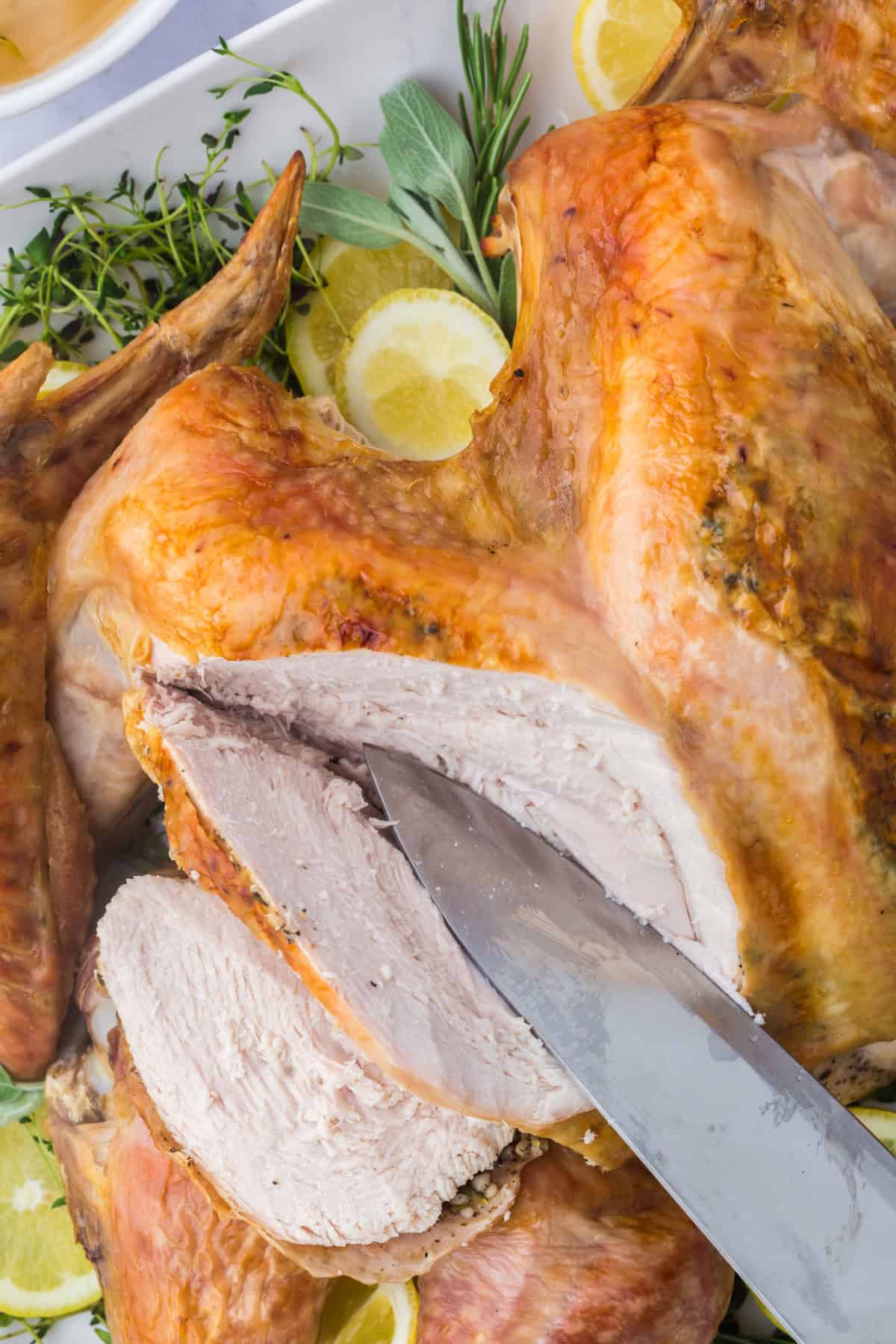 slicing a whole roasted spatchcock turkey with a knife.