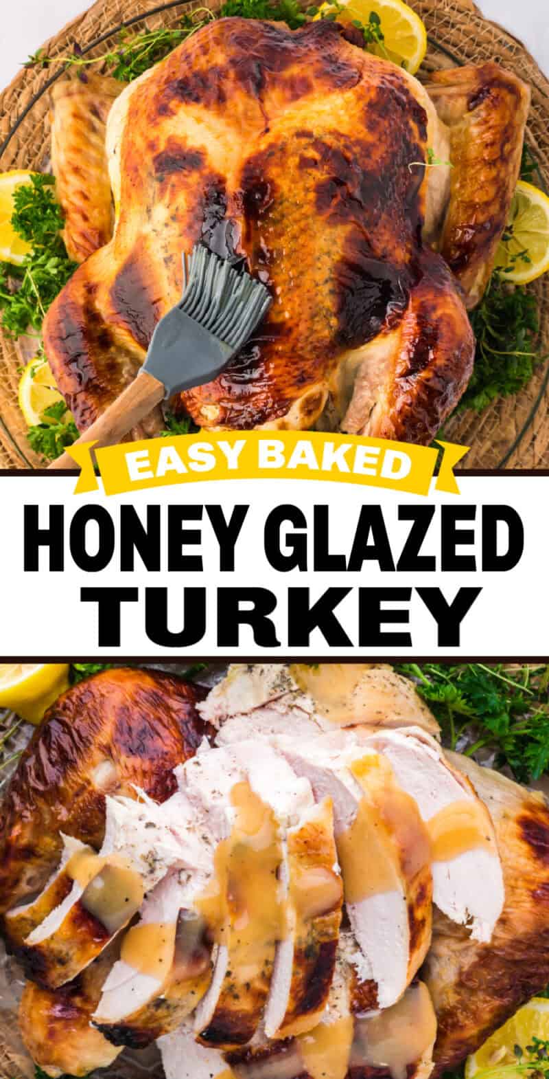 whole honey baked turkey on a table being based, and sliced.