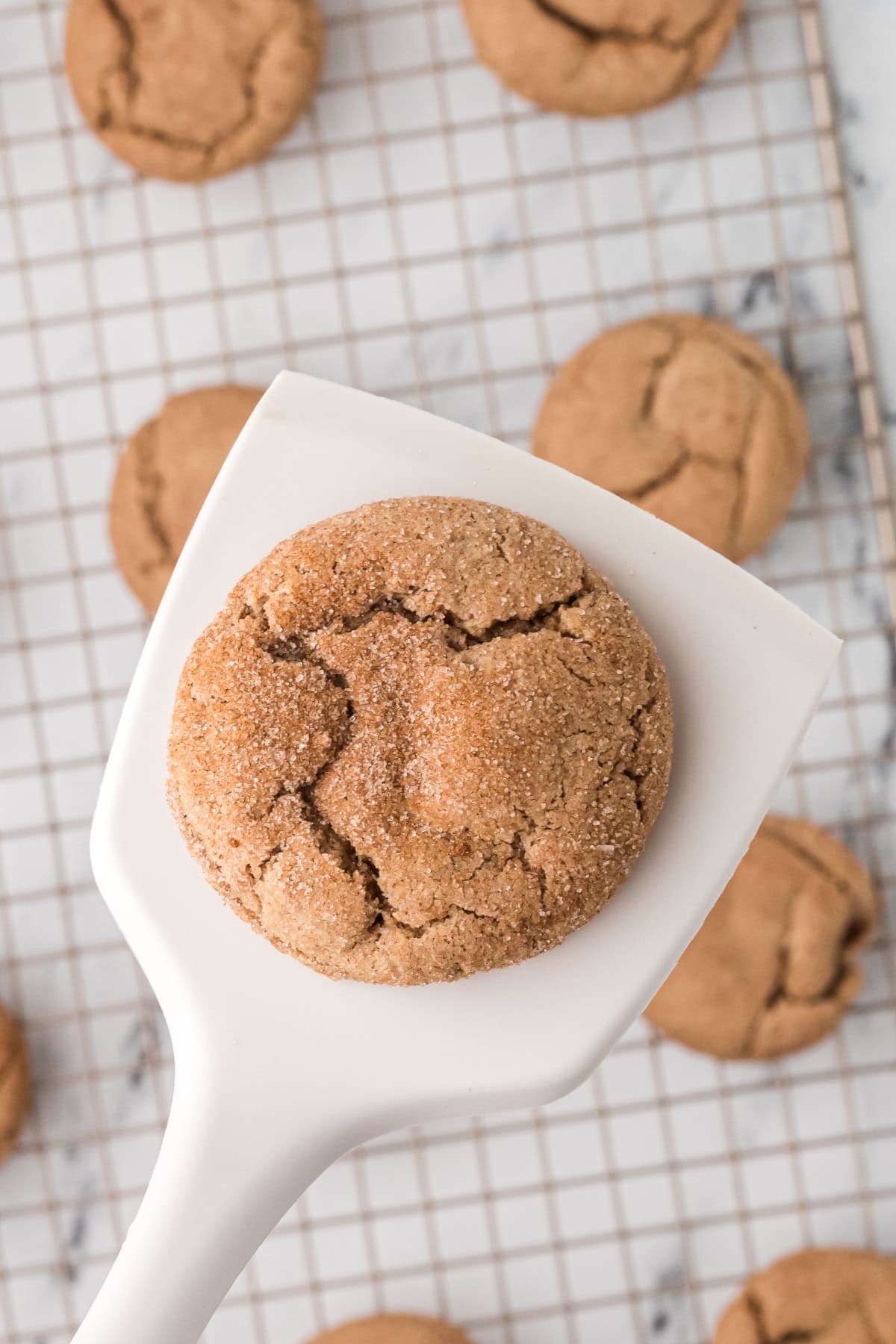 a Spice Cake Mix Cookie on a white spatula over a wire rack of Spice Cake Mix Cookies.