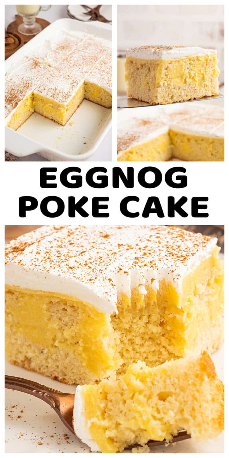 a slice of eggnog poke cake with whipped top and cinnamon on a plate with a fork.