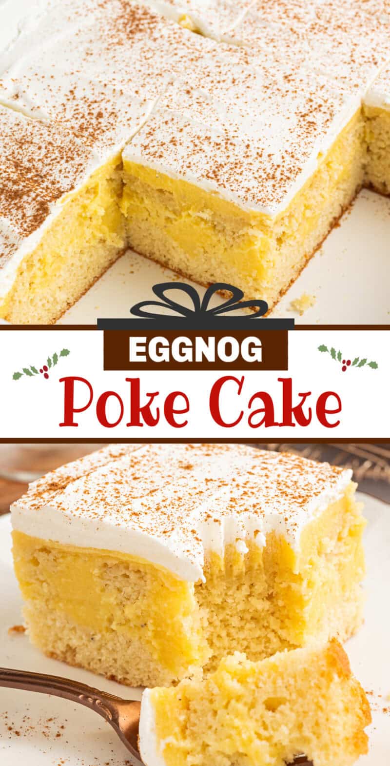 sliced eggnog poke cake in a baking dish and some on a plate with a fork.