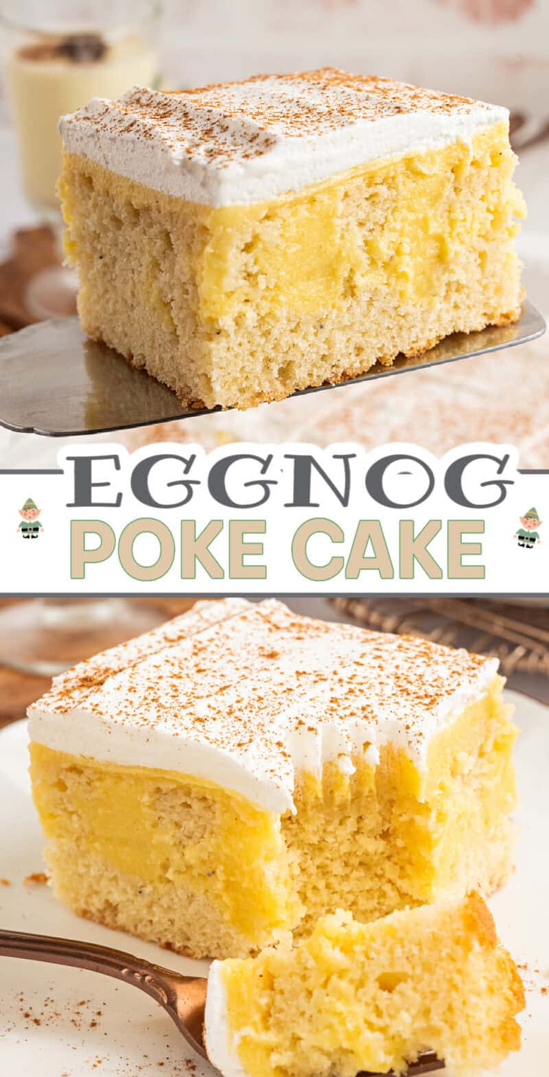 a slice of eggnog poke cake on a spatula and on a plate.