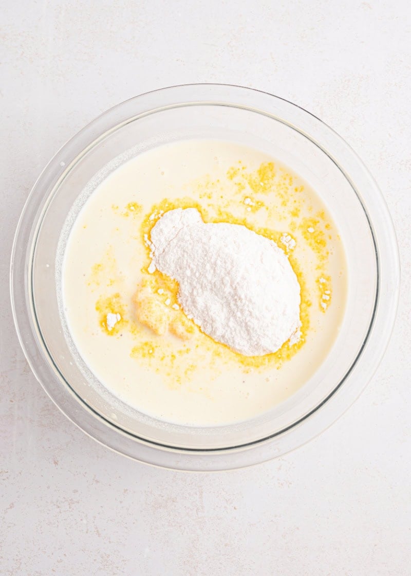 cake batter in a glass bowl.