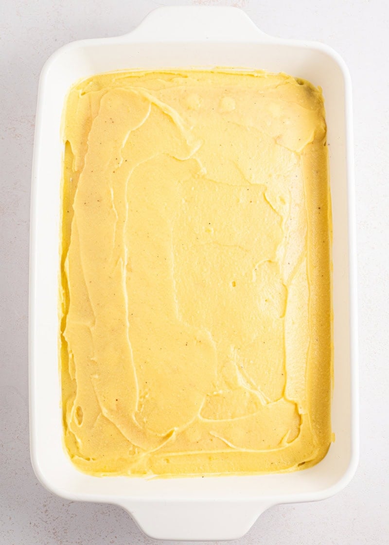 cake in a white baking dish.