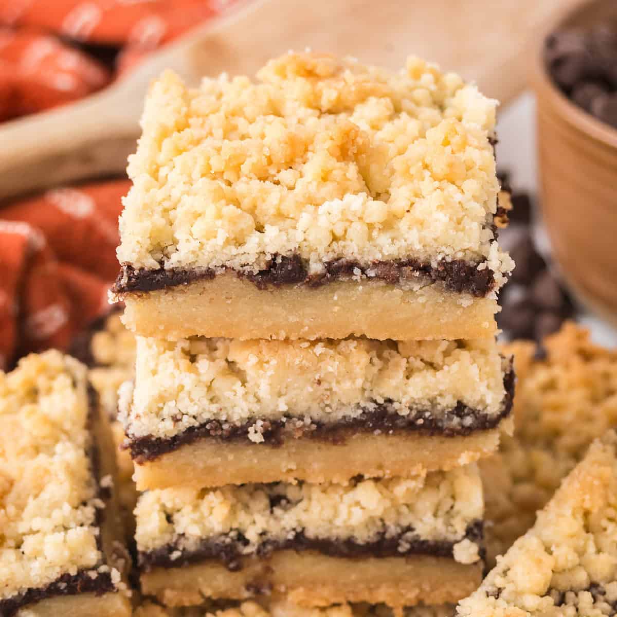 Chocolate Shortbread Bars stacked.