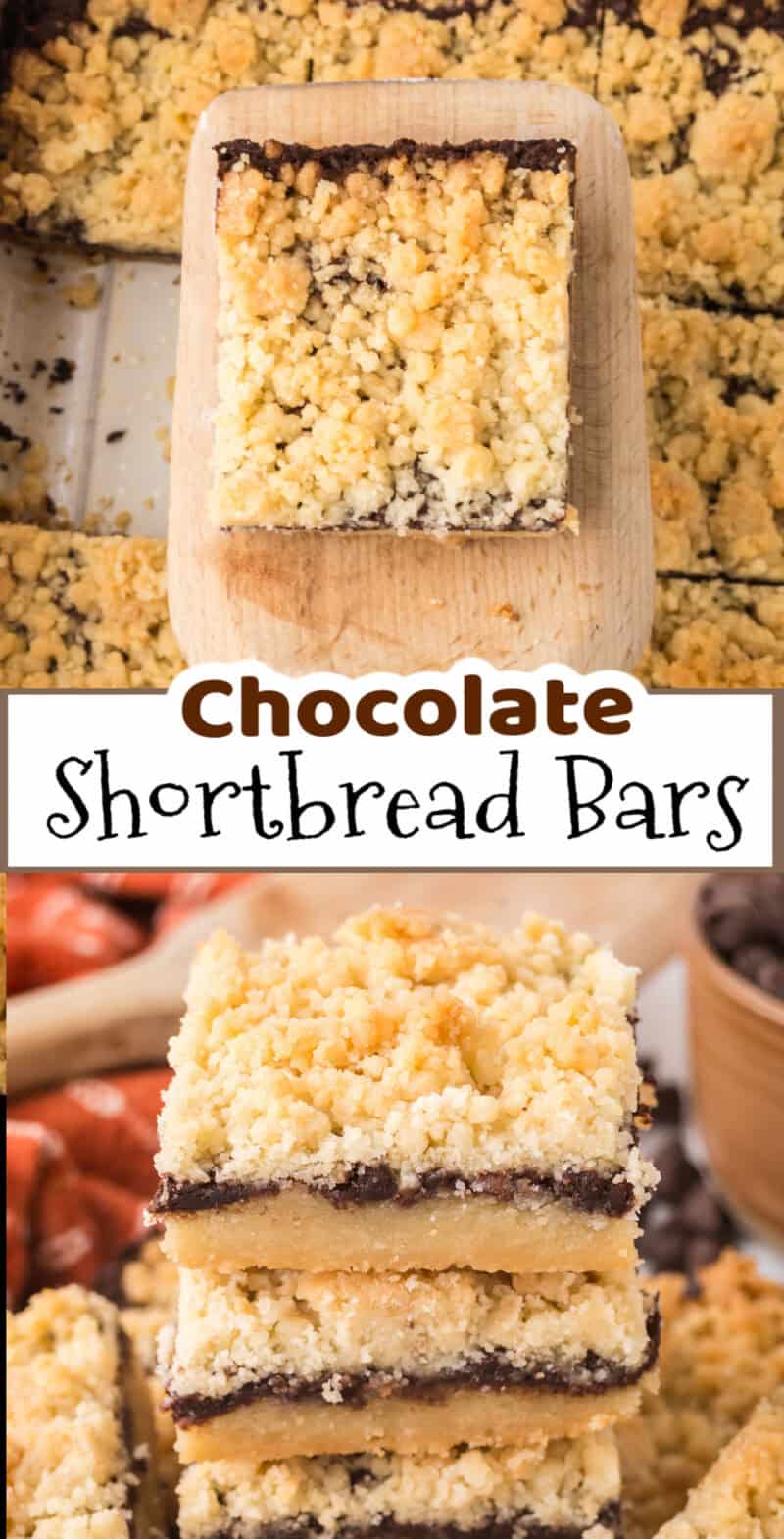 Chocolate Shortbread Bars on a serving spoon and stacked on top of each other.