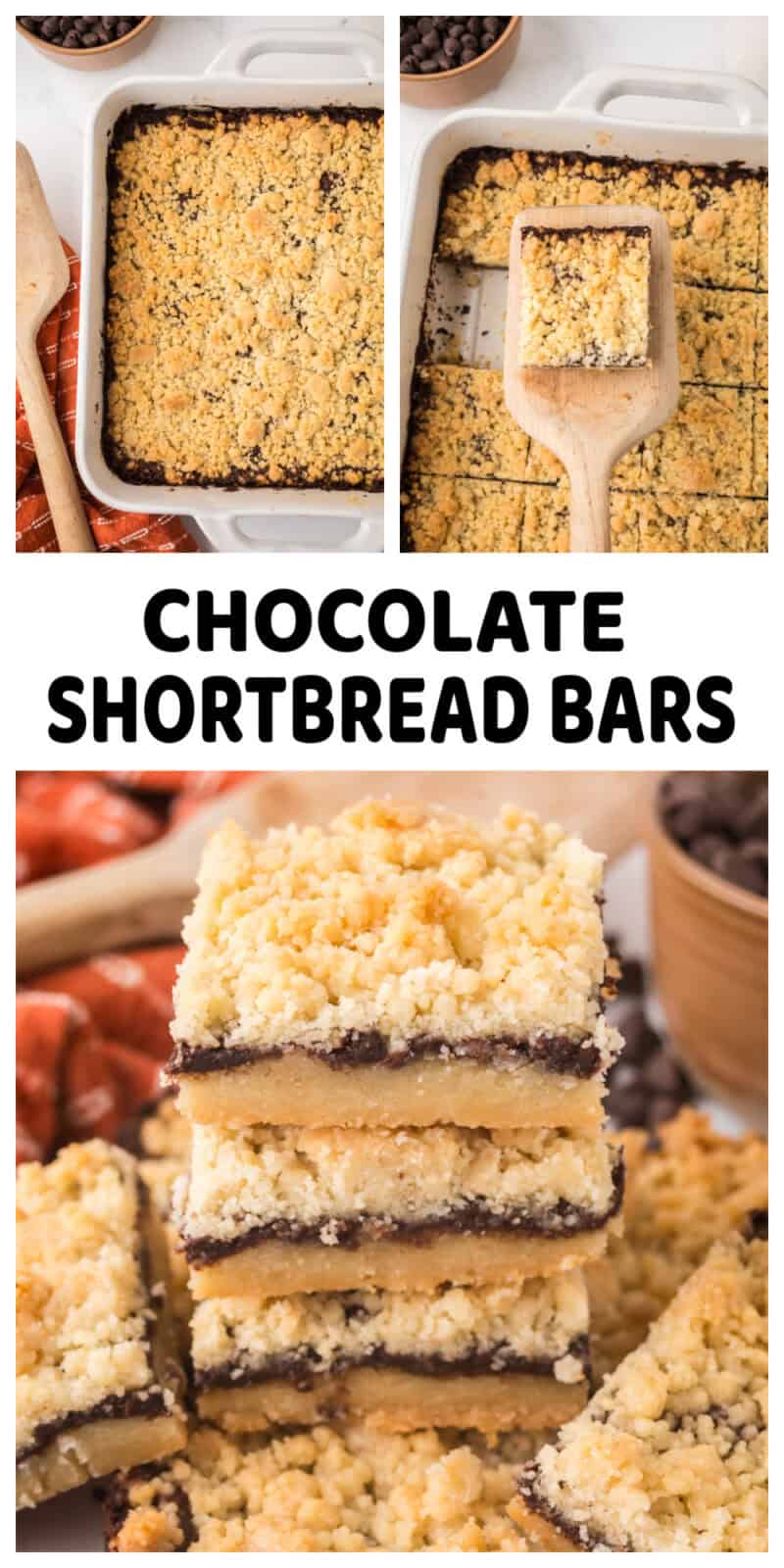 whole unsliced Chocolate Shortbread Bars, and then picking one up after sliced, and stacked Chocolate Shortbread Bars.