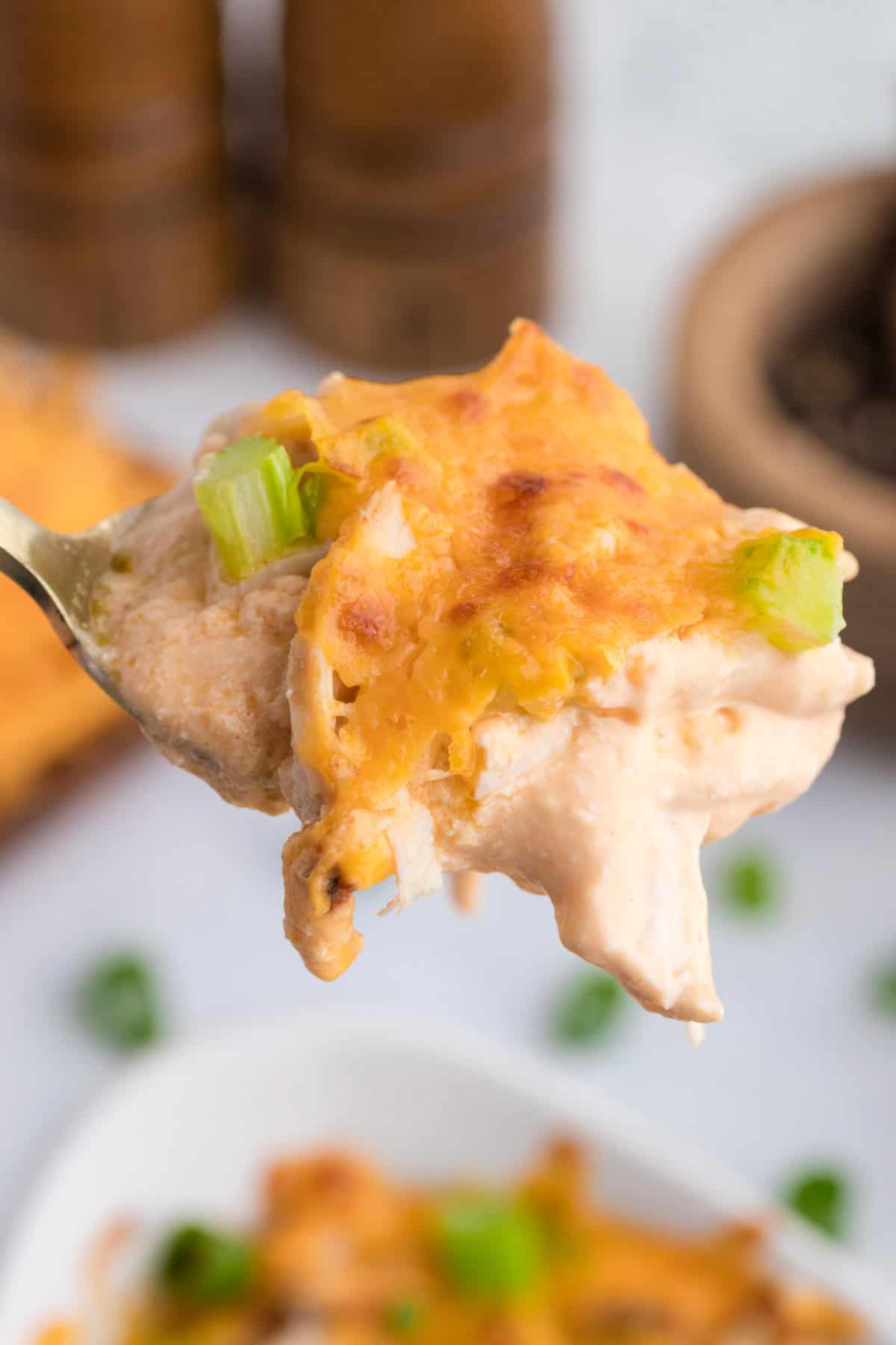 a spoonful of cottage cheese buffalo chicken dip.