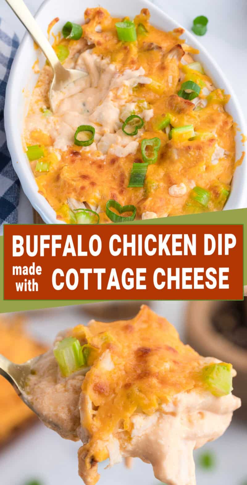 Baked Cottage Cheese Buffalo Chicken Dip in a white baking dish on a table and a spoon lifting some up.