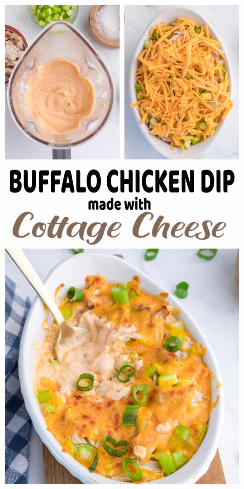 making Cottage Cheese Buffalo Chicken Dip and serving it with green onions on top.