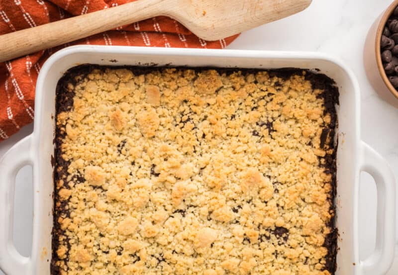 a whole pan of unsliced chocolate shortbread bars on a table.