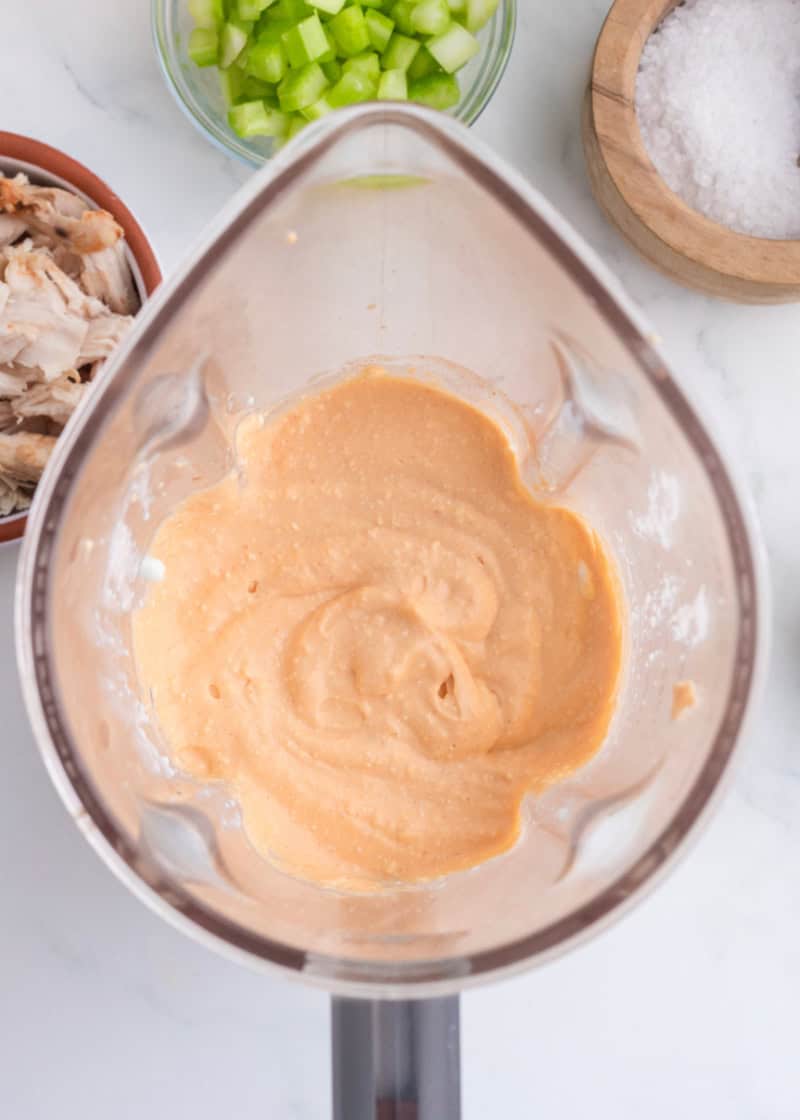 blended and smooth cottage cheese and buffalo dip sauce in a blender to make Cottage Cheese Buffalo Chicken Dip.