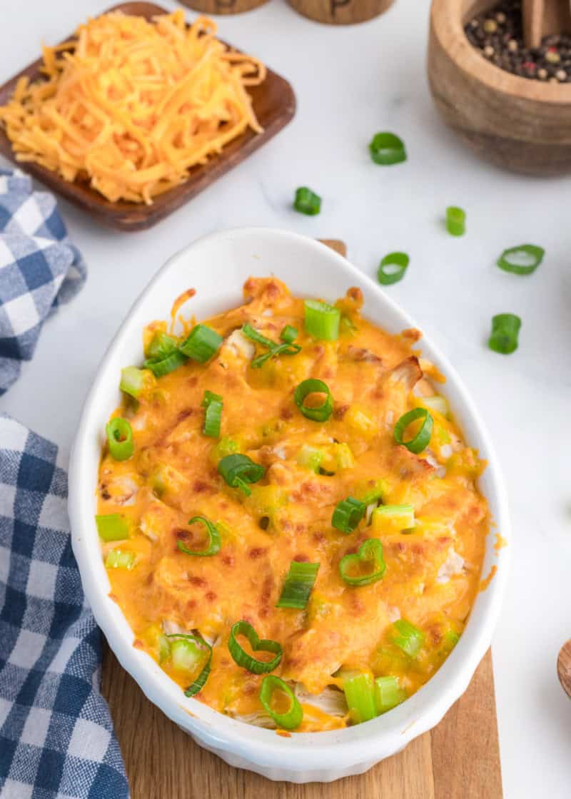 Baked Cottage Cheese Buffalo Chicken Dip in a dish on a table.