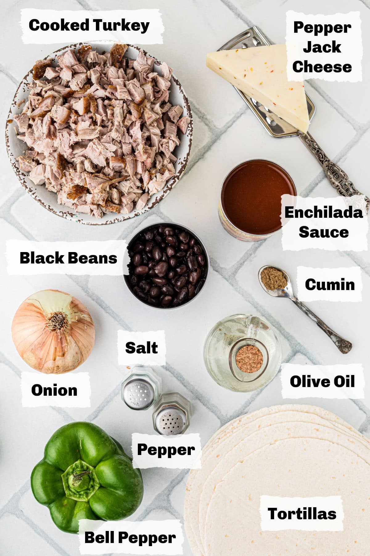 ingredients on a table to make Turkey Enchiladas.