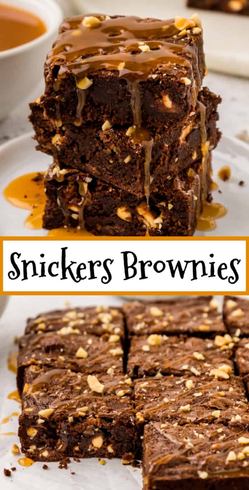 Snickers Brownies stacked and on a baking tray.