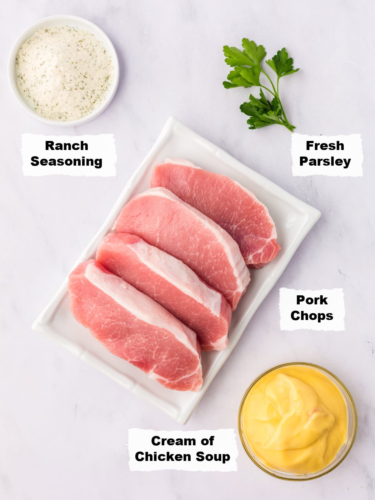 Ingredients on a table to make Slow Cooker Creamy Ranch Pork Chops.