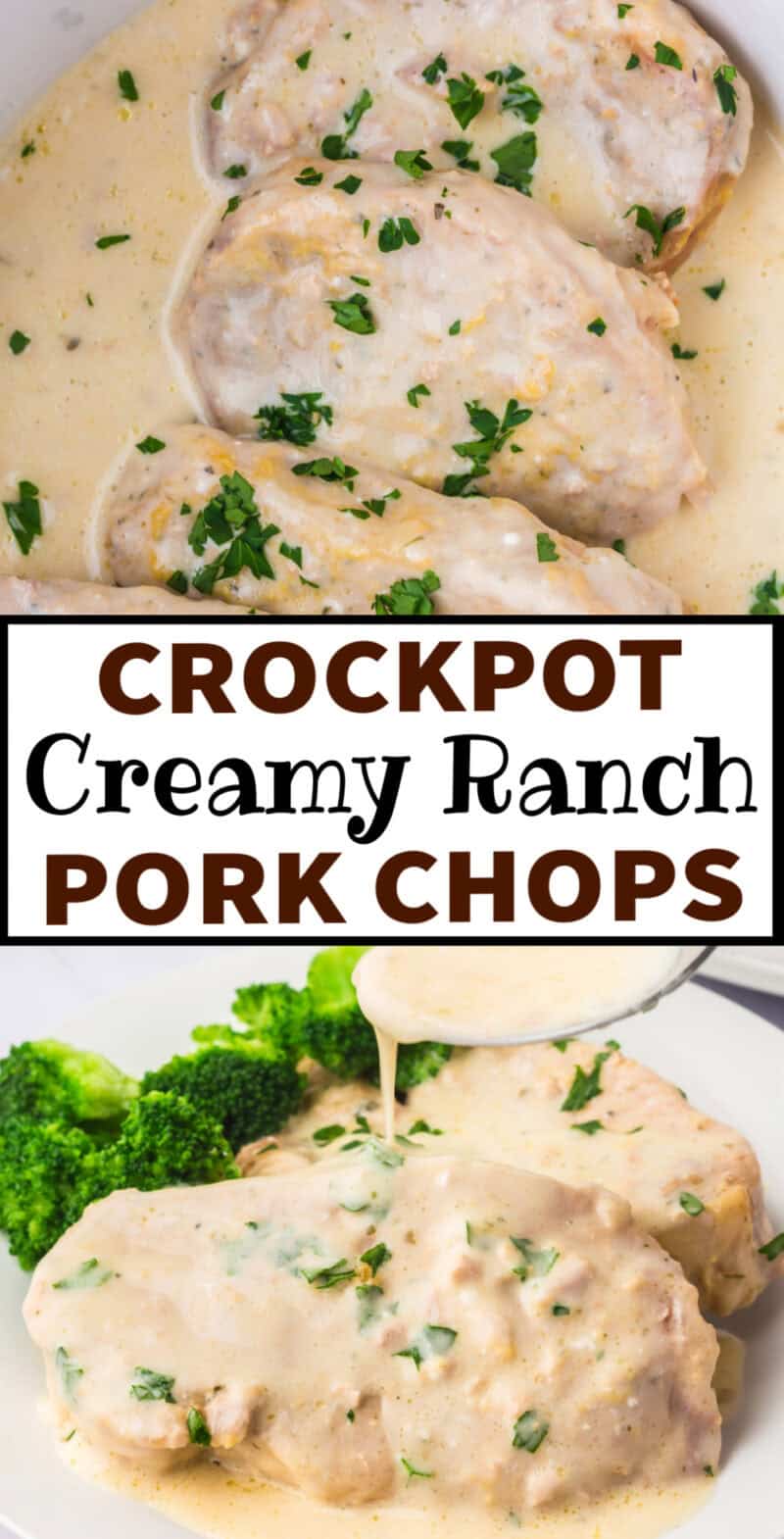 Creamy Crockpot Ranch Pork Chops on a plate with the sauce being spooned on top.