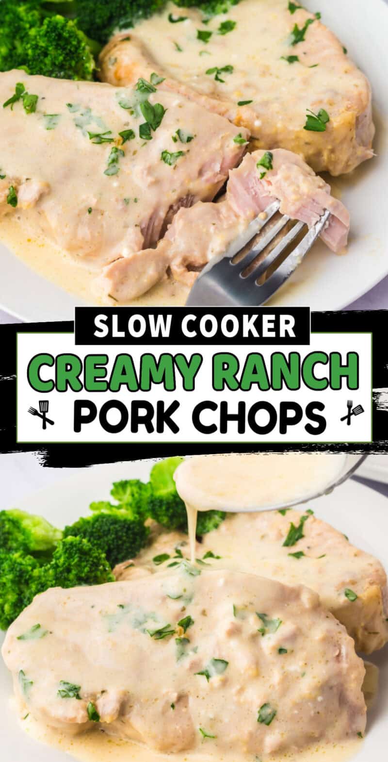 Slow Cooker Creamy Ranch Pork Chops on a white plate with a side of cooked broccoli.