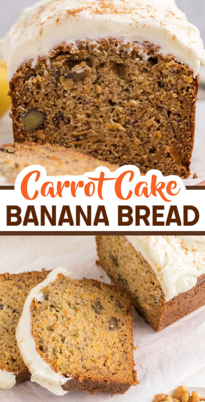 Sliced and frosted Carrot Cake Banana Bread.