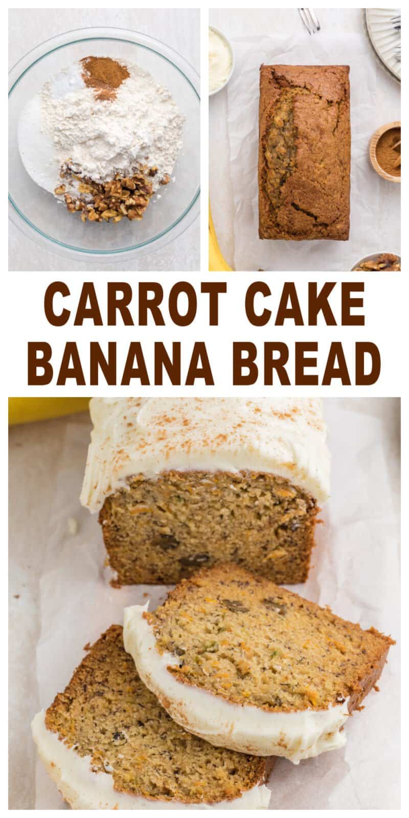 Making Carrot Cake Banana Bread in a bowl and iced on a table.