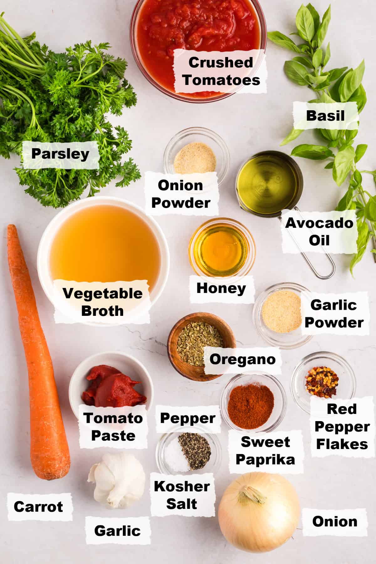 Ingredients on a table to make Homemade pasta sauce.